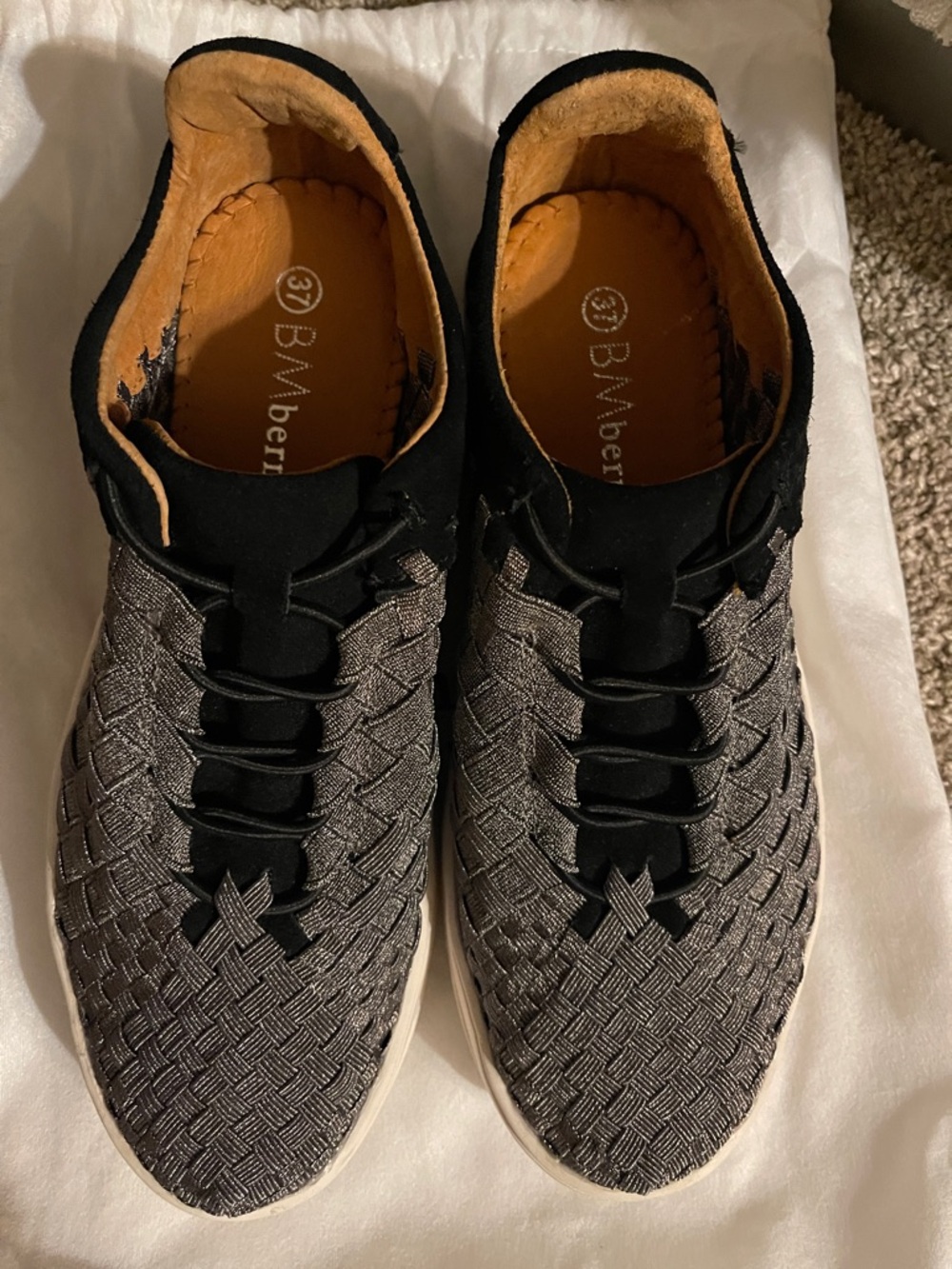 bernie mev. Women’s  Black Woven Slip-On Sneakers with White Sole